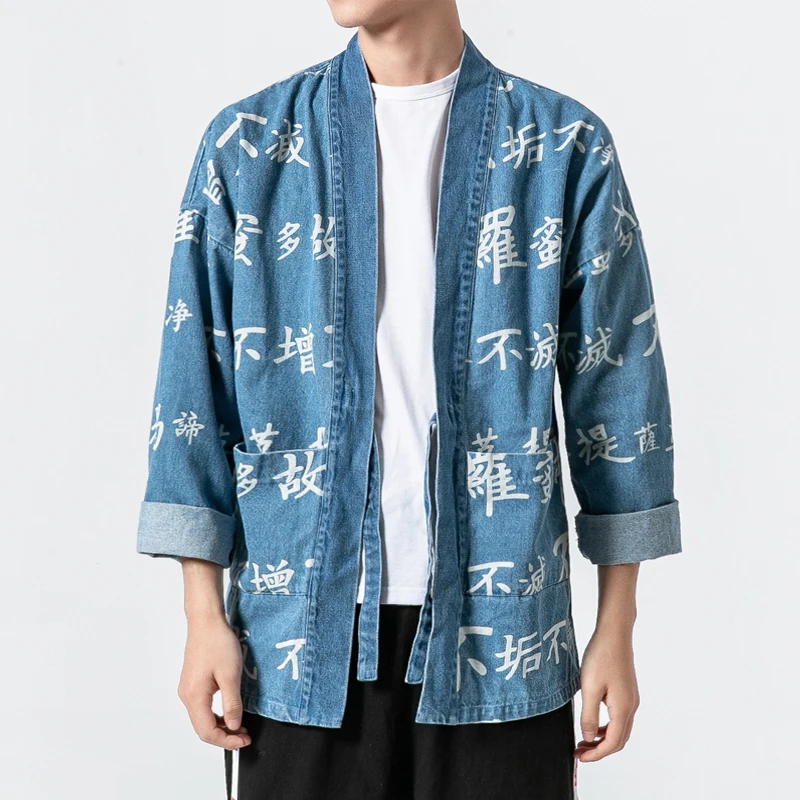 

Kimono Ribbons Jean Jacket japanese kimono 2019 NEW Chinese characters Hip hop Mens Jackets and Coats US Size