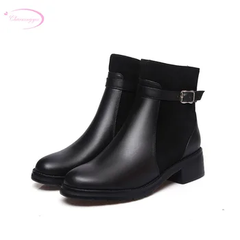 

Chainingyee leisure style round toe real leather ankle boots belt buckle zipper black middle heel women's motorcycle boots