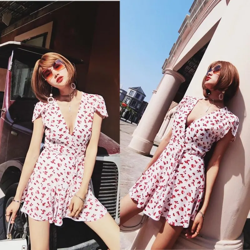 yinlinhe White Floral Playsuit Women Short Sleeve V neck Sexy Summer Playsuit Sash Slim Waist Elegant Short Jumpsuit Overall 1