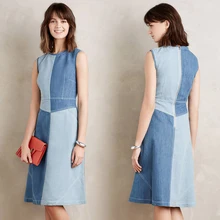DOMODA High Waist Denim Brief Summer Dresses Women Vintage Sleeveless Midi Dress Female O-neck Patchwork Casual Vestidos Female