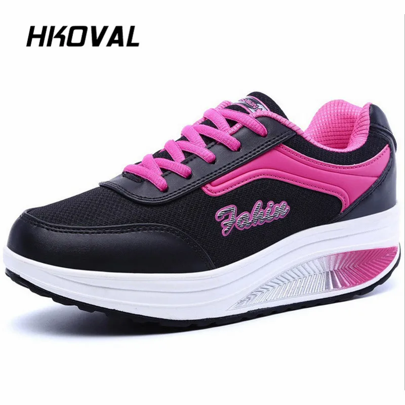 

HKOVAL Women Shoes Sneaker Breathable Air Mesh Slimming Fitness Lace Up Platform Casual Low Top Height Increasing Swing Shoes