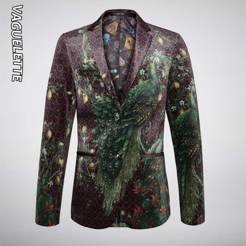VAGUELETTE Elegant Peacock Print Blazer Men Luxury Men's Fashion Blazer Slim Fit Wedding Party Stage Clothes Singers Coat Men