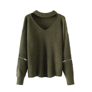 

Autumn Winter Knitted Sweaters Women Hollow Out Halter V-neck Sweater Casual Loose Female Pullovers Tops