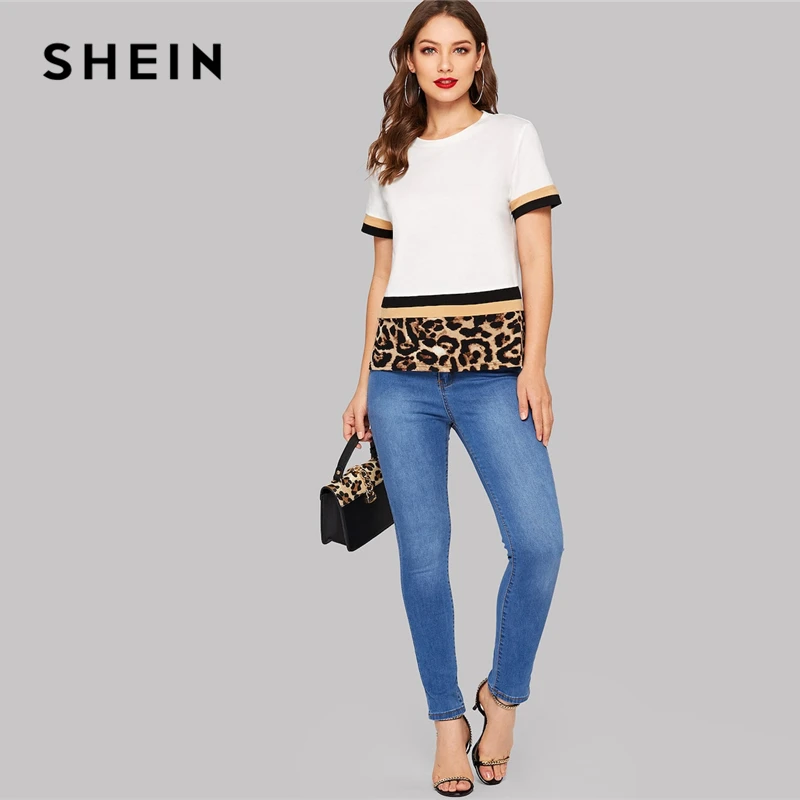 SHEIN разноцветная футболка с леопардовым принтом, Женская облегающая футболка, летняя эластичная Весенняя Однотонная футболка с круглым вырезом