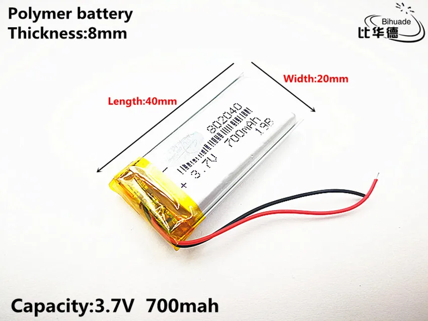 Хорошего качества 3,7 в, 700 мАч, 802040 полимерный литий-ионный/литий-ионный аккумулятор для игрушек, банка питания, gps, mp3, mp4