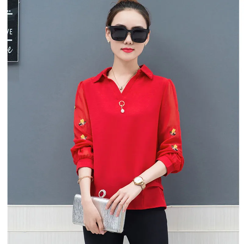

Women shirts chiffon blouse womens tops and blouses Embroidered wild loose cover belly top long sleeve chiffon shirt DF2439