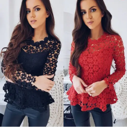 

Fashion Women's Lace Casual Tops Hollow Out Flower Long Sleeve Blouse Summer