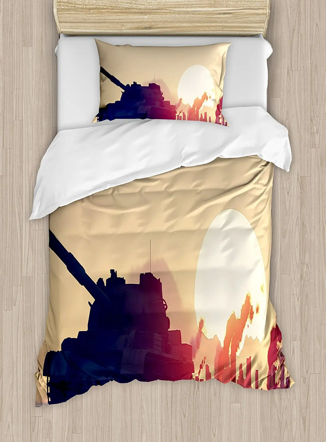 Military Duvet Cover Set Tank and Ruined City Skyscrapers Landscape at