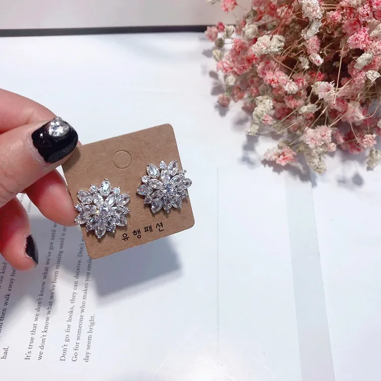 big sun flower full cz earrings 925 silver stud Hypoallergenic fadeless alloy fashion jewelry stud earrings for women gift