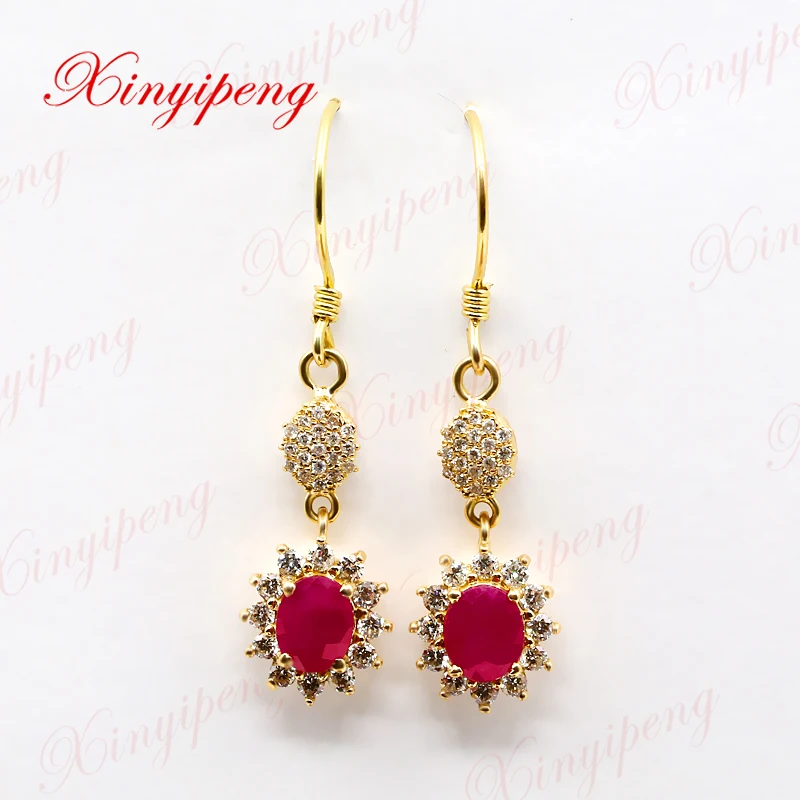 

Xin yi peng 18 k gold inlaid natural ruby pendant earrings female 4 * 5 with diamond design experts