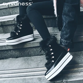 

Curvaness Rabbit Fur Plus Velvet Snow Boots Thick Bottom Boots Women's Non-slip Leather Increased Cotton Boots Warm Thick Boots