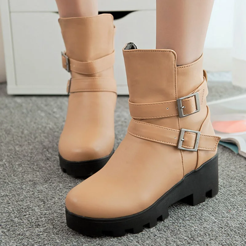 

South Korean sweet style autumn or winter ankle boots lace-up belt buckle black apricot brown med with women motorcycle boots