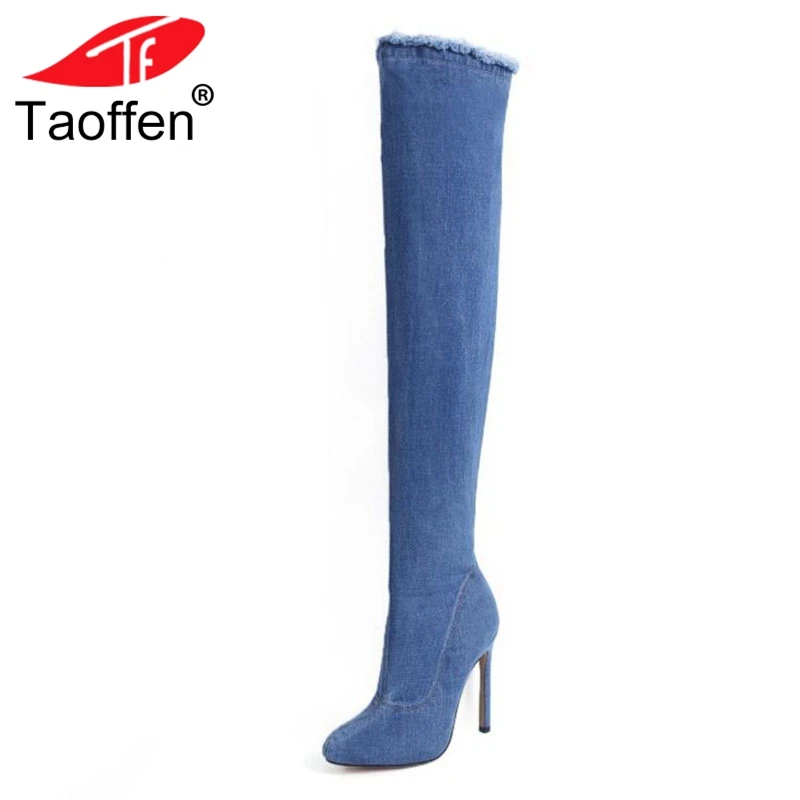 

TAOFFEN Women High Heel Boots Pointed Toe Zipper Jeans Over Knee Boots High Quality Sexy Fashion Shoes Woman Footwear Size 34-39