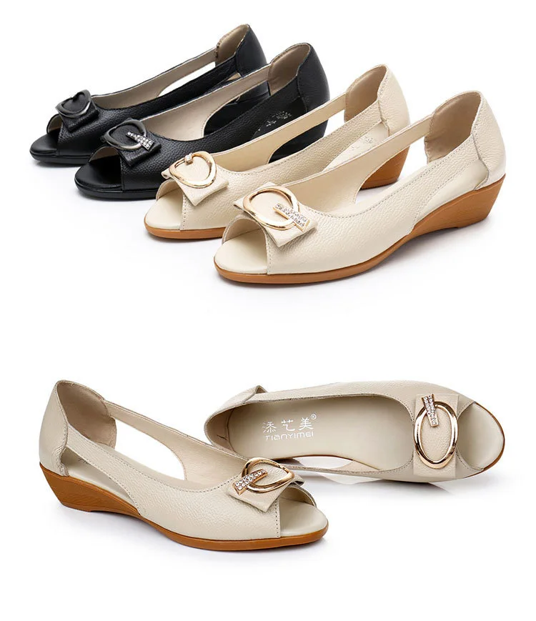 OUKAHUI/летние сандалии на плоской подошве с кристаллами; женская обувь из натуральной кожи; мягкие женские босоножки на танкетке; Новая Летняя обувь с закрытой пяткой; большие размеры 34-43