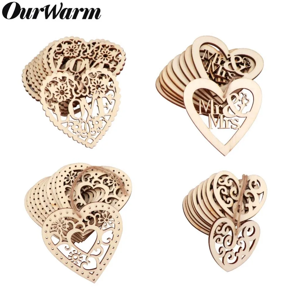OurWarm 10Pcs Wood Weddings Embellishment Laser Cut Love Heart Hanging Ornament Mr Mrs Rustic Wedding Decoration