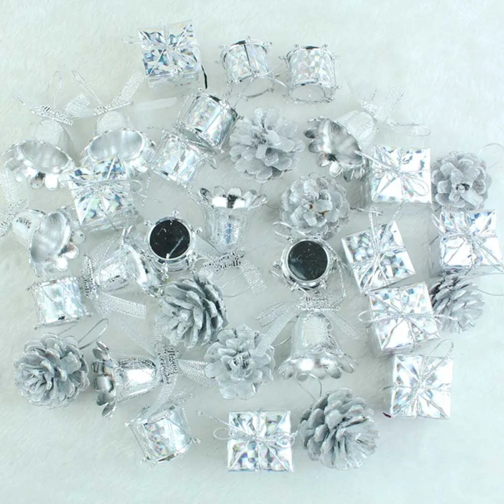 32PCS Christmas Ornaments Silver Pinecone Bell Gift Shaped Hanging Pendants Christmas Tree Decor Christmas Decorations for Home