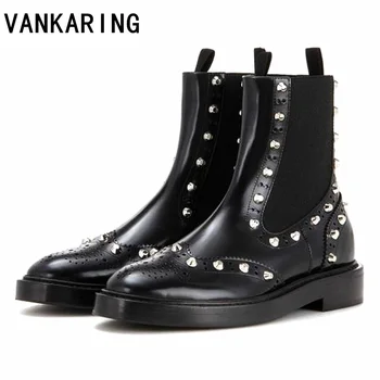 

new brand vintage splicing rivets ankle boots for women autumn winter shoes woman genuine leather wedges platform cowboys boots