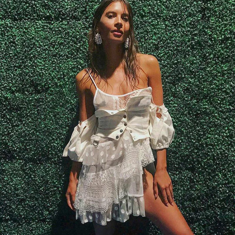 

2018 Summer Irregular Sexy Lace Dress and Denim White Coat Women Two Piece High Quality