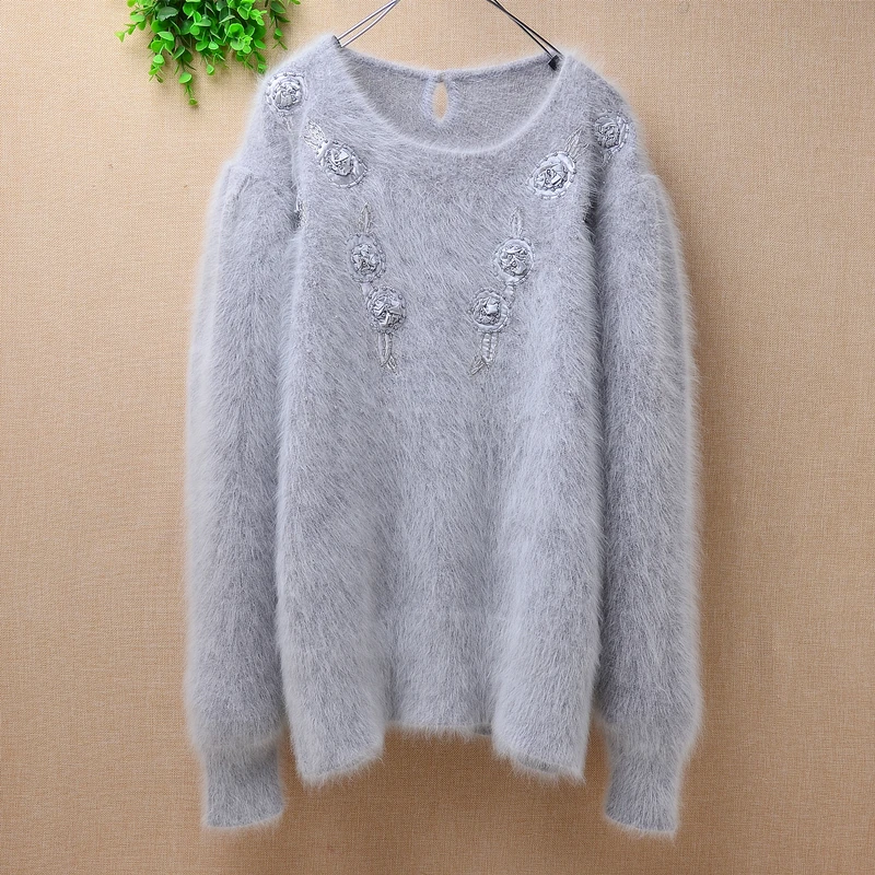 

Ladies women vintage elegant appliques beading real plush angora rabbit fur knitted loose o-neck long sleeves pullover sweater