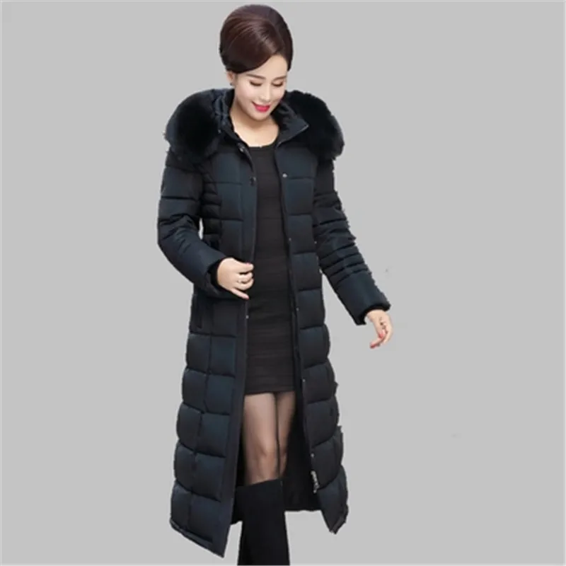 black Зимнее пальто женское негабаритное 5XL длинная куртка искусственный меховой воротник теплая Женская парка верхняя одежда пуховик Толстая зимняя куртка женская - Цвет: black