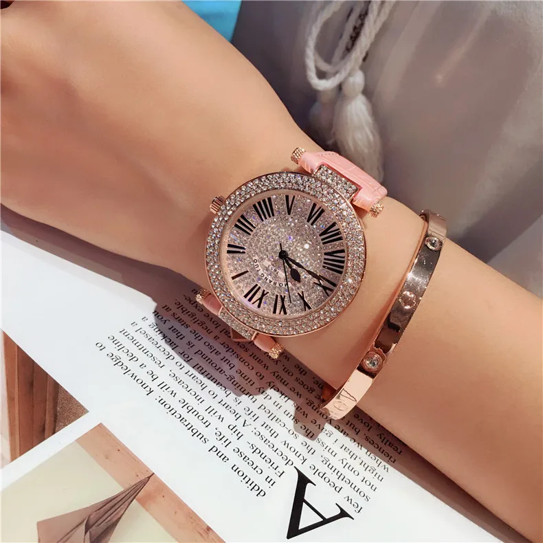 Новое поступление французские Популярные Кварцевые часы для женщин Простые полностью бриллиантовые римские часы с веревочным ремешком для студентов