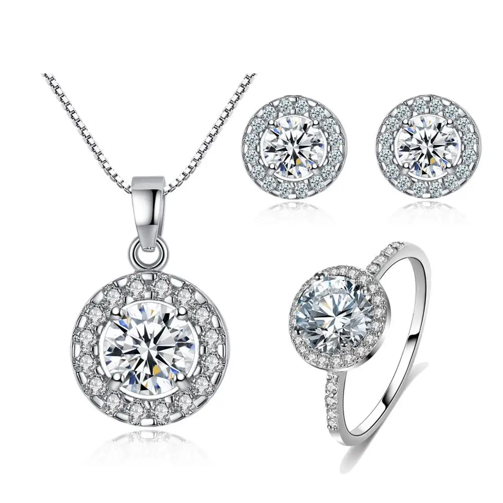 

Luxury Women Wedding Necklace Earrings Ring Bridal Jewelry Set 925 Zinc Alloy AAA Zircon Crystal Anniversary Gift 2019