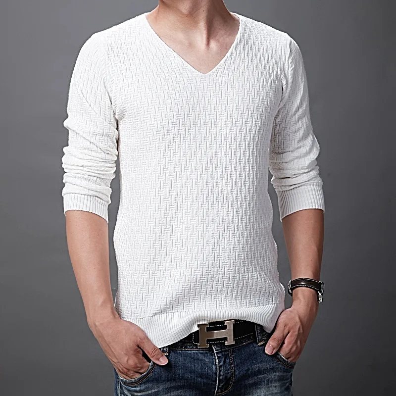 Корейский зимний свитер человек сплошной v-образным вырезом Свитера, пуловеры Slim Fit белый вязаный свитер Для мужчин рубашка с длинными