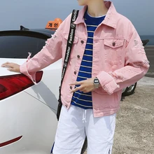 Ripped jeans jacket men spring Retro washing frayed Classic Denim Jacket Lapel Distressed Denim Coat Male Ripped jeans jacket men spring Retro washing frayed Classic Denim Jacket Lapel Distressed Denim Coat Male