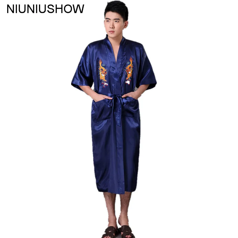Традиционная китайская мужская шелковая атласная одежда для сна кимоно с