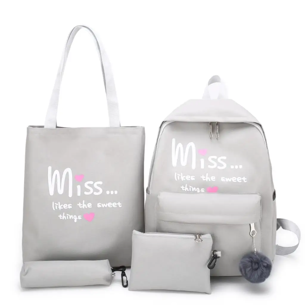 4Pcs/set Women School Backpacks Nylon Schoolbag For Teenagers Girls Student Book Bag Boys Satchel Bolsas Mochilas Sac A Dos - Цвет: Серый