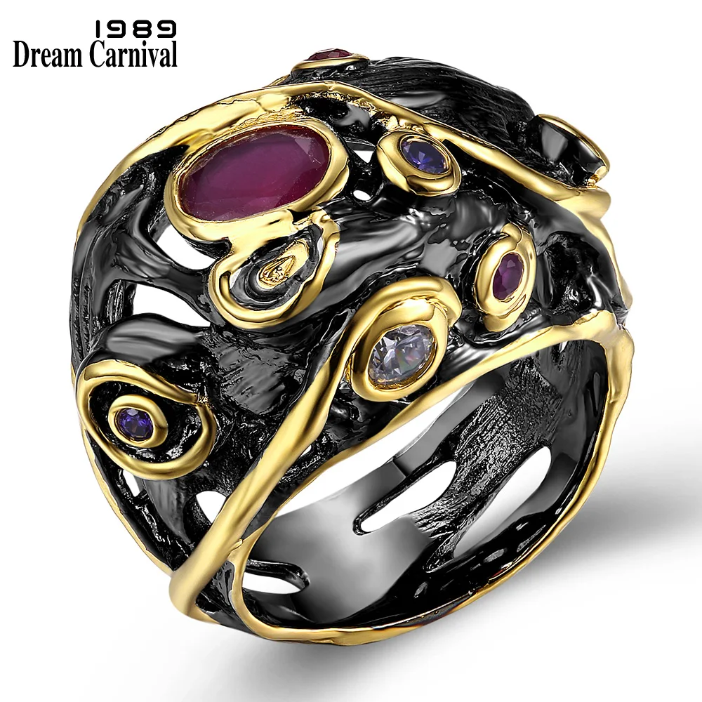 

DreamCarnival 1989 Dome Shape Finger Ring for Women Anniversary Party Vintage Black Gold-Color Red Purple CZ Anel Anillo DC1989