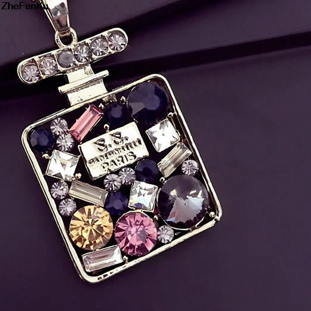 

New Design Colorful Rhinestone Long Necklace Pendant Perfume Bottle Necklace For Women Exquisite Jewelry Sweater chain