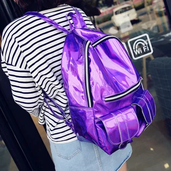 

Leather School Bag Casual Backpack for Women Travel Hologram Laser Metallic Color Rucksack 2018 For Women THINKTHENDO