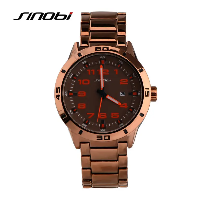 

SINOBI Brand Quartz Watches Men's Business Quartz-watch Calendar Rose Gold Colour Band Digits Nails Gents Luminous Wristwatches