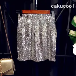 Cakucool Серебряный блестками юбка тонкий прямой мини-юбка украсить Бисер Высокая Талия юбки Дизайн вечерние Клубные пикантные облегающая