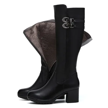 

Women warm in Autumn Winter Genuine Leather High Boots Fashion ladies Thick heels Woman Round toe Shoes Womens Black Boots