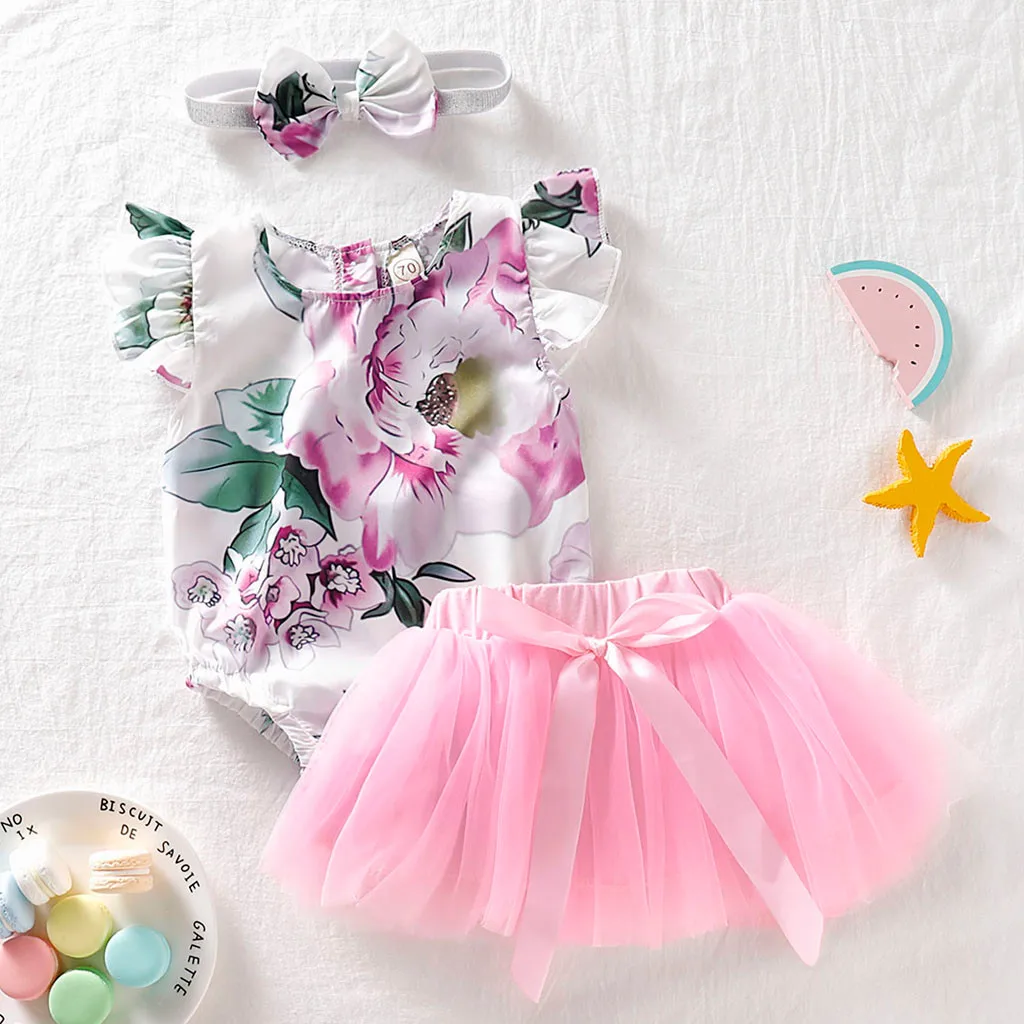 

Toddler Clothes Set Baby Girls Sets Floral Print Romper Bodysuit+Tulle Skirts+HairBand Outfits Summer Children Clothes Set
