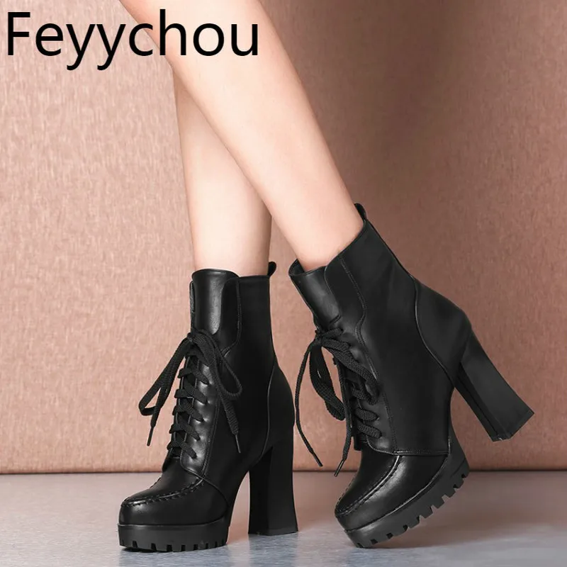 

Women Boots Autumn Winter Warm Super High Heel Pu Lace Up Platform 2018 New Sexy Fashion mid-calf Motorcycle shoes White Black
