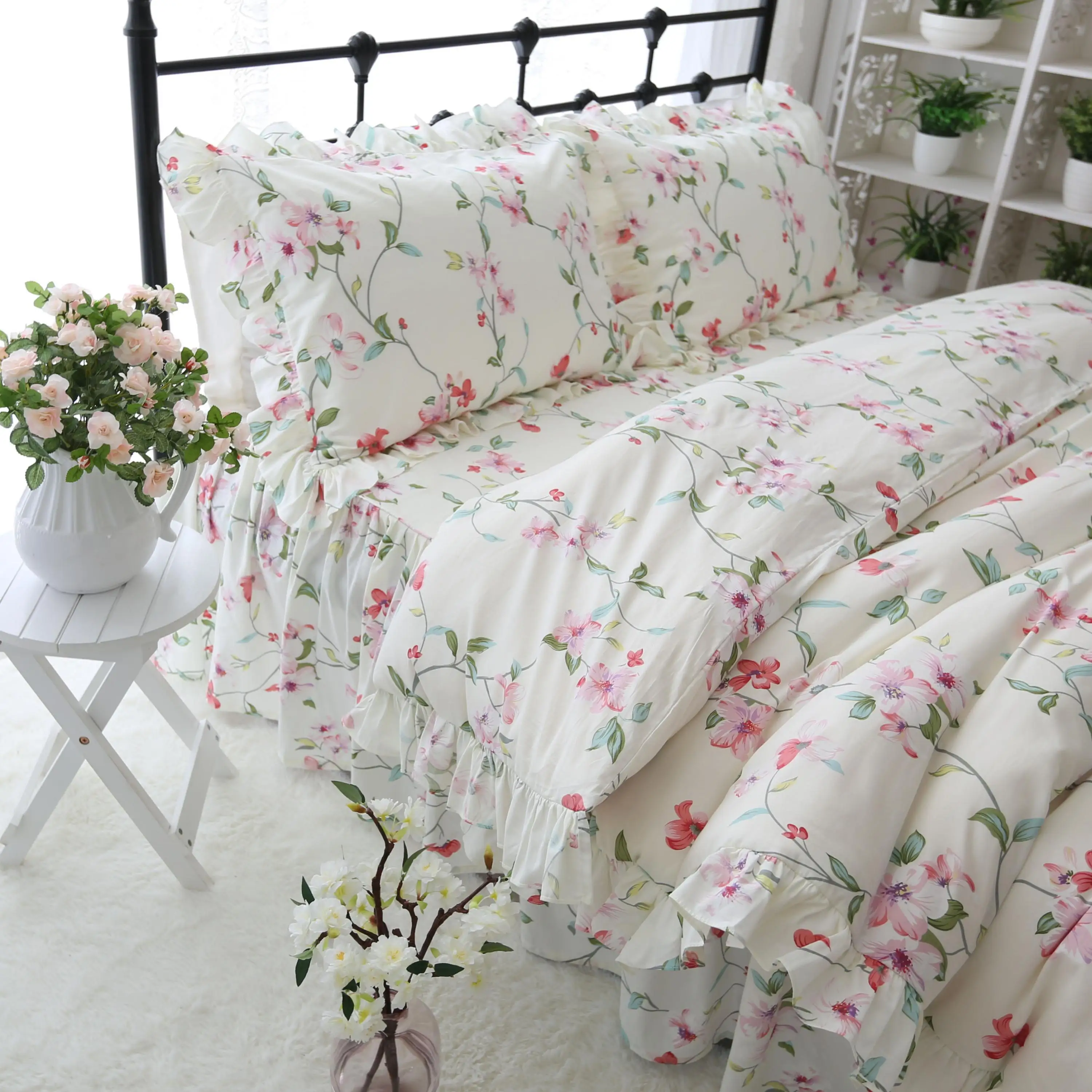 

Fresh Floral Garden Duvet Cover Queen Twin King Full 4Pcs Bedding Set Comforter Cover Bedskirt Reversible Lightweight Ultra Soft