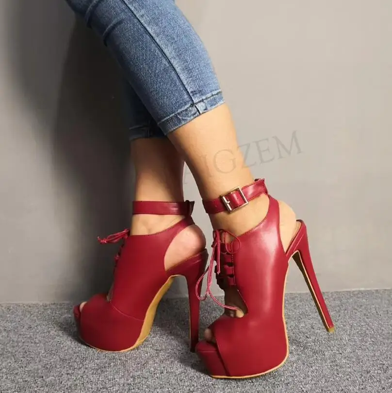 LAIGZEM/женские босоножки на платформе сандалии на высоком каблуке с ремешками на лодыжках вечерние женские туфли большие размеры 34-52 - Цвет: LGZ642 Burgundy