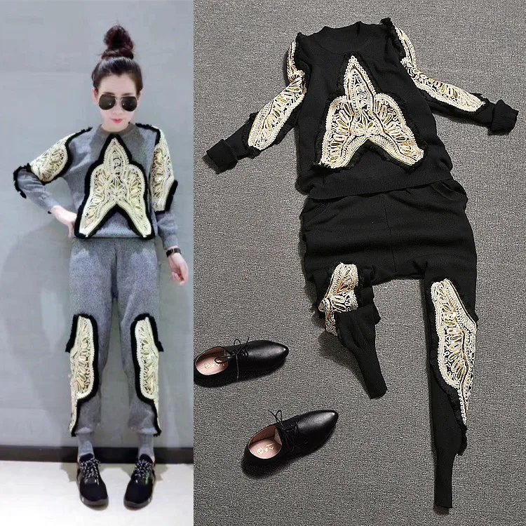 

2016 Brand Runway Knitted Pants Suits Women High Quality Embroidery Tassels Sweaters And Pants Casual Clothing Sets NS554