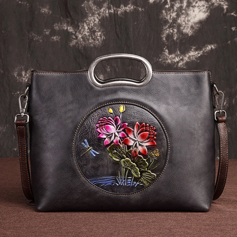 

Vintage Cowhide Tote Bags Female Handbag Embossed Floral Pattern Large Capacity Genuine Leather Messenger Shoulder Women Bag