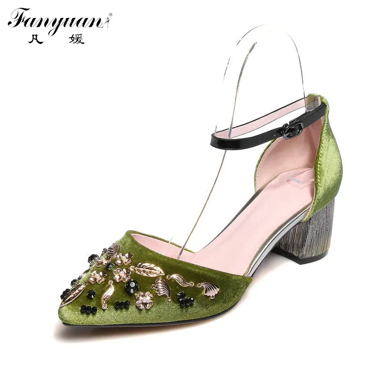 

Fanyuan Pointed Pumps Women Party Shoes Thick Med Heels Pleuche Retro Metal Ankle Strap 2017 Spring Female Luxury Wedding Pumps