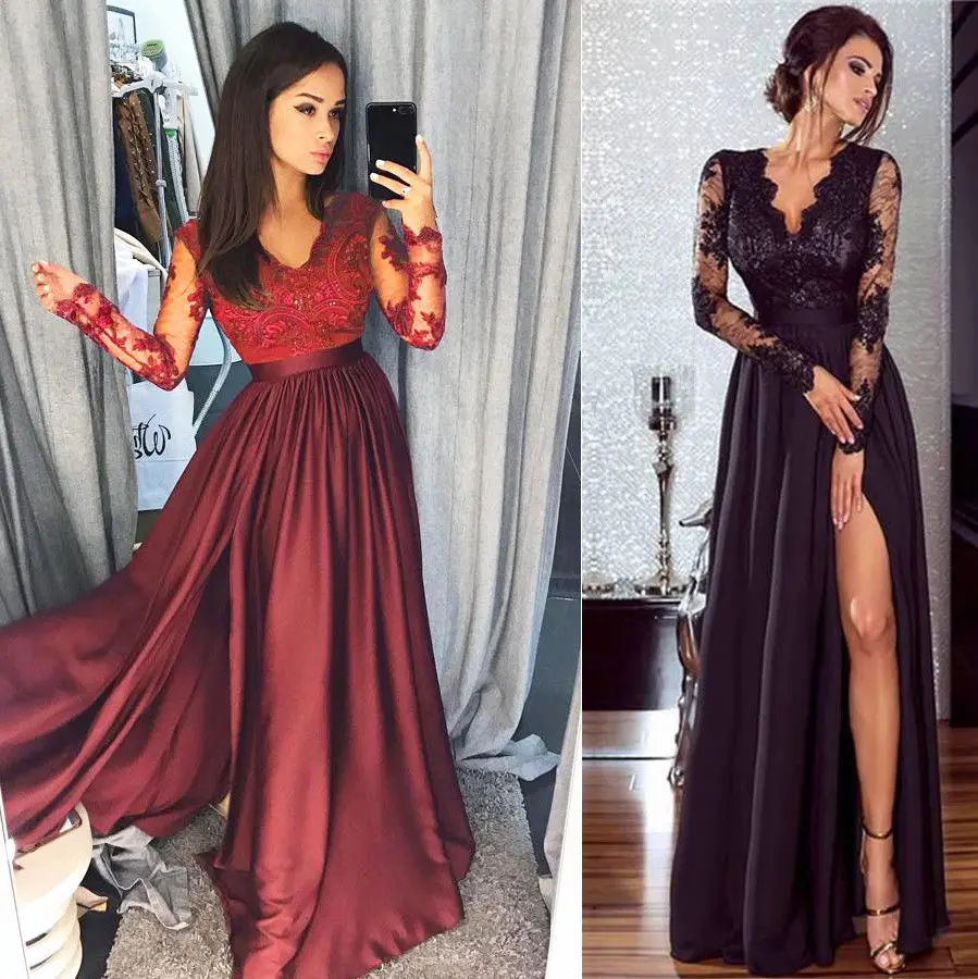 Vestido de encaje de manga larga con escote en V para mujer, vestido de noche para fiesta, baile de Formal, maxivestido de cintura alta _ - AliExpress Mobile