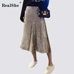 RealShe мода лето сексуальные юбки женские высокие упругие талии блестками середине удлиненная юбка женская повседневная одежда юбки Jupe Femme