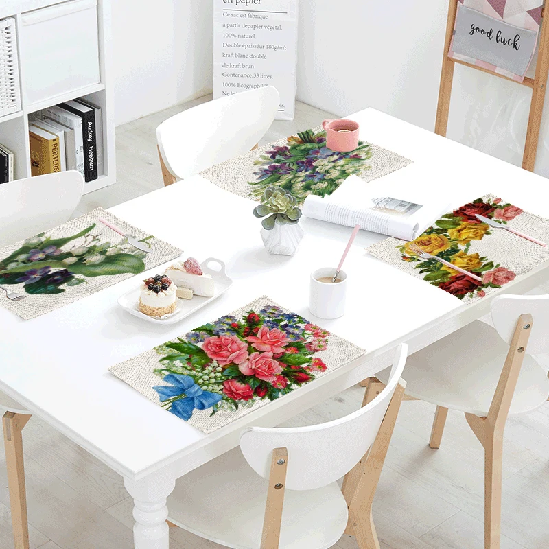 

42x32cm Colored Flower Pattern Red Roses Table Napkin for Wedding Party Decor Table Napkin Cloth Western Dinner Mat Home Textile