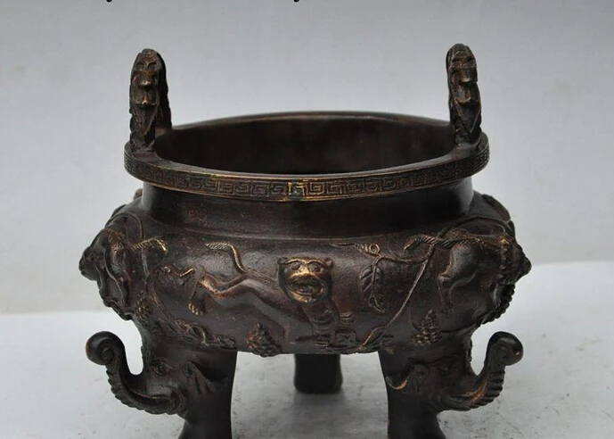 

005999 7" marked chinese bronze beast Grapes elephant head statue Incense Burner Censer