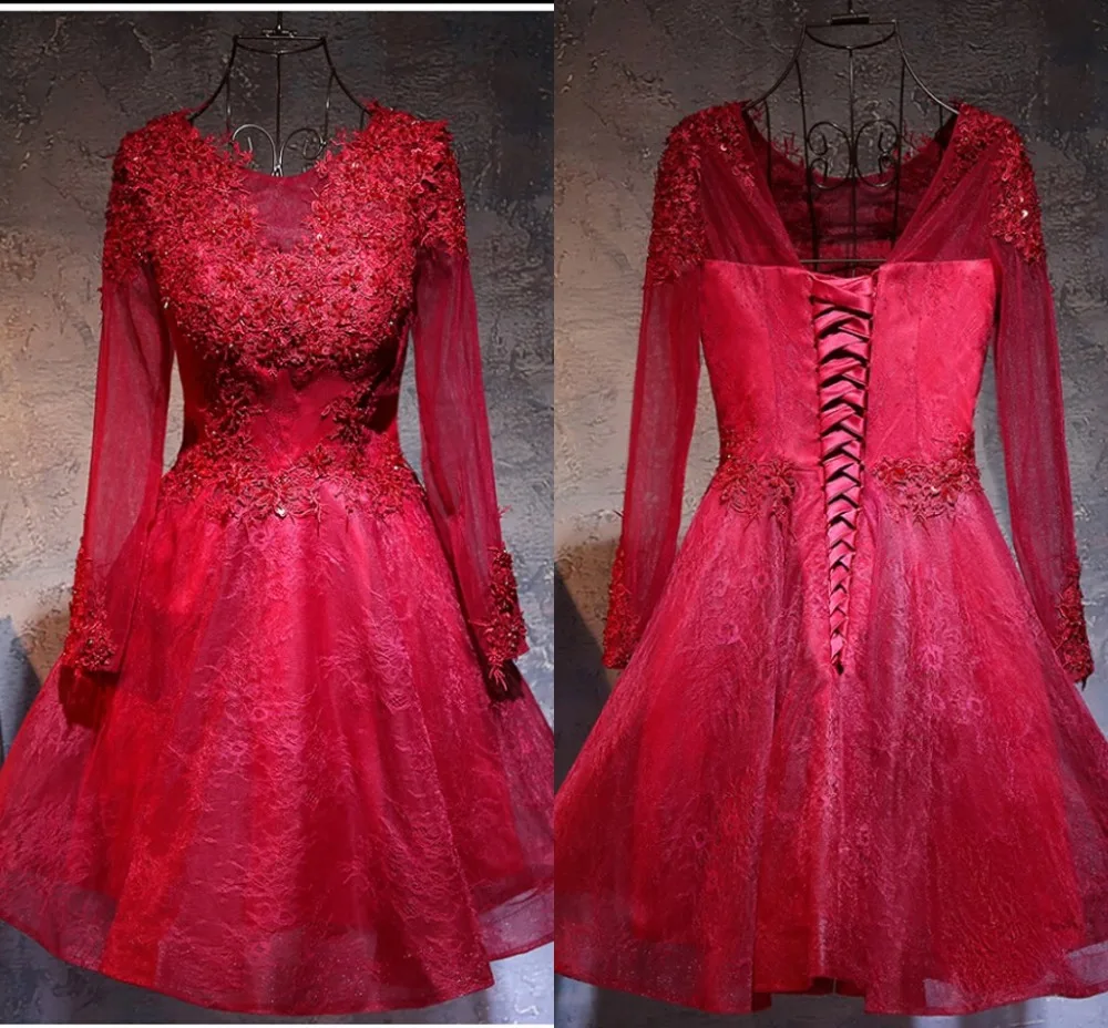 2019 Vestido De Festa a line короткое вино кружевное платье для выпускного вечера с длинным рукавом из бисера неформальные Выпускные платья корсет