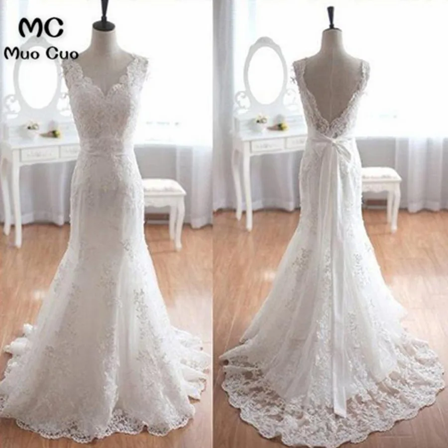 

Vintage 2018 Mermaid Wedding Dresses with Appliques Lace Robe de mariage V-Neck Backless vestido de noiva Bridal Gowns
