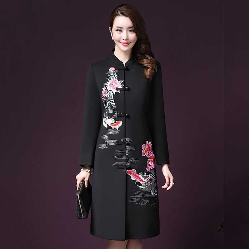 Vintage Embroidered Flowers Wool Coat Women 2018 Autumn winter New Elegant Single Breasted Plus Size 5XL lady Wool Coat LF765